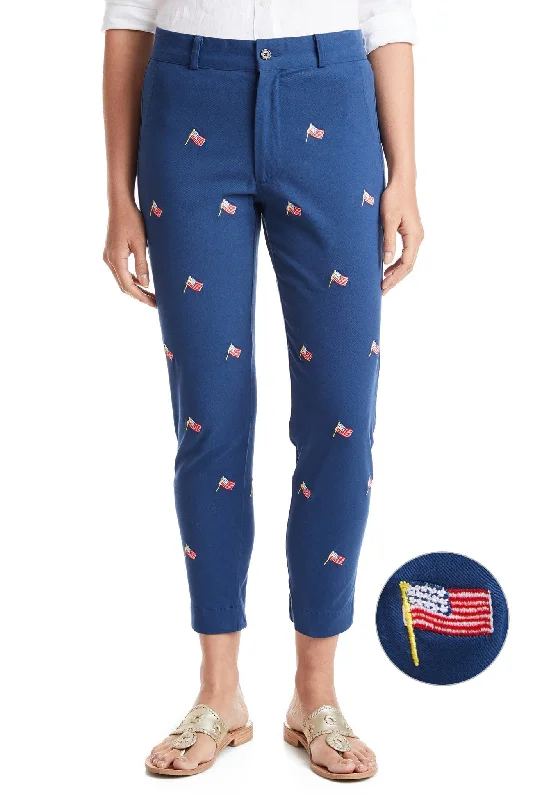 Bell - Bottom Style Women's Denim Pants with Embroidered DetailsAnkle Capri Stretch Twill Nantucket Navy with USA Flag Bell - Bottom Style Women's Denim Pants with Embroidered DetailsAnkle Capri Stretch Twill Nantucket Navy with USA Flag
