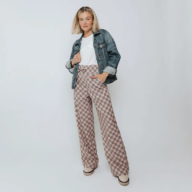 Bell - Bottom Style Women's Denim Pants with Embroidered DetailsAudrey Trouser, Brown Checkers Bell - Bottom Style Women's Denim Pants with Embroidered DetailsAudrey Trouser, Brown Checkers
