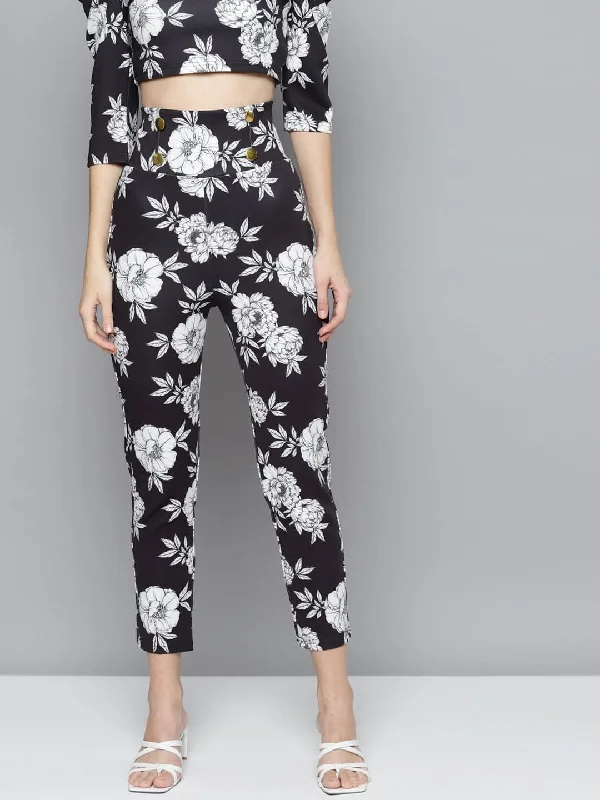 Bell - Bottom Style Women's Denim Pants with Embroidered DetailsBlack Floral Scuba Front Button High Waist Pants Bell - Bottom Style Women's Denim Pants with Embroidered DetailsBlack Floral Scuba Front Button High Waist Pants