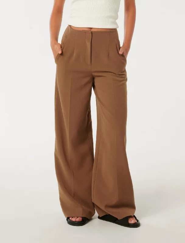 Tapered Leg Women's Wool Blend Trousers for WinterFreya High Waist Wide Leg Pants