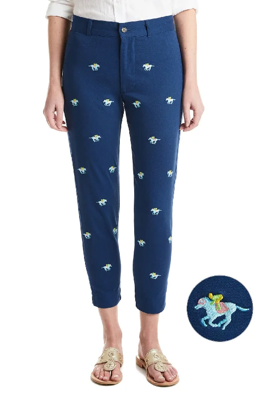 Wide - Leg Women's Chiffon Palazzo Pants for a Flowy AppealLadies Ankle Capri Stretch Twill Nantucket Navy with Pastel Racing Horses Wide - Leg Women's Chiffon Palazzo Pants for a Flowy AppealLadies Ankle Capri Stretch Twill Nantucket Navy with Pastel Racing Horses