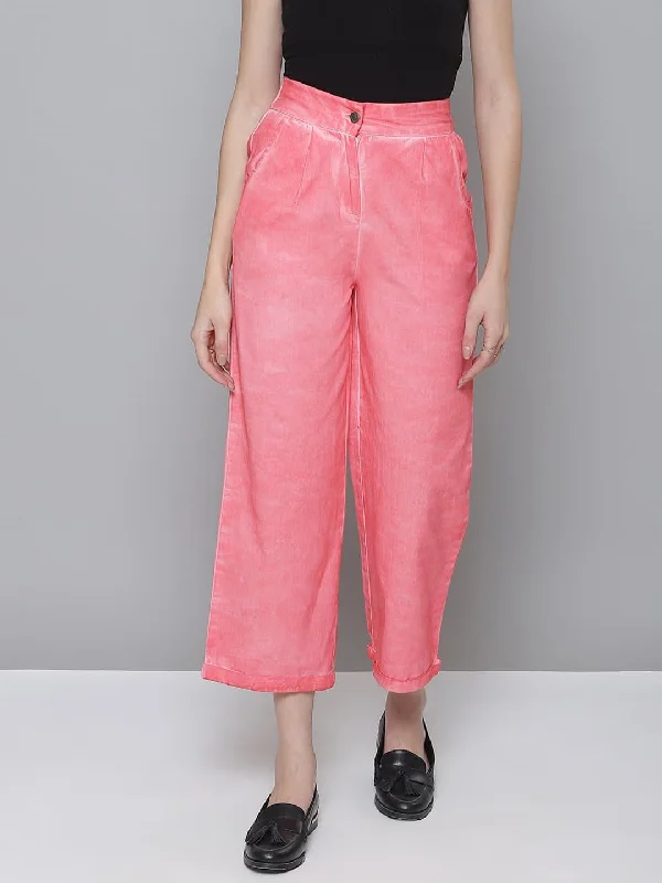 Bell - Bottom Style Women's Denim Pants with Embroidered DetailsPink Twill Pigment Wash Straight Pants Bell - Bottom Style Women's Denim Pants with Embroidered DetailsPink Twill Pigment Wash Straight Pants