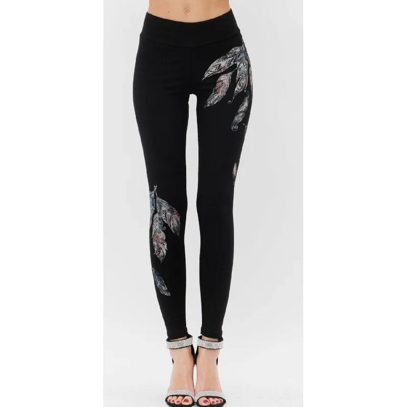 Women's Leather - Look Tight Trousers with Zipper Details in Dark Gray for an Urban StyleVocal Feather Print Leggings Women's Leather - Look Tight Trousers with Zipper Details in Dark Gray for an Urban StyleVocal Feather Print Leggings