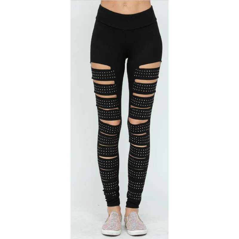 Plus Size Women's Embroidered Tight Trousers in White for a Feminine and Elegant StyleVocal Ladder Cut Studded Leggings Plus Size Women's Embroidered Tight Trousers in White for a Feminine and Elegant StyleVocal Ladder Cut Studded Leggings