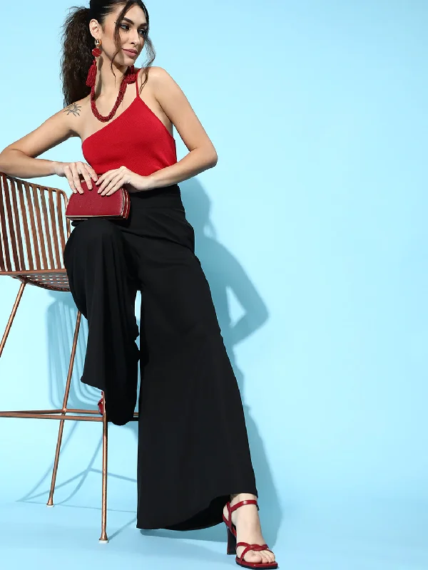 Tapered Leg Women's Wool Blend Trousers for WinterBlack Wide Leg Pants
