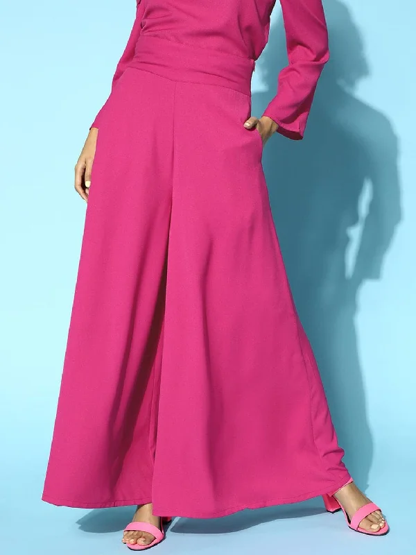 Flare Leg Women's Satin Trousers for a Glamorous Night OutFuchsia Wide Leg Pants