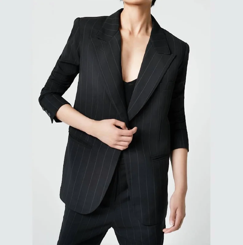 Single - Breasted Women's Corduroy Blazers in Mustard Yellow for an Autumn Vibe90's Blazer In Black Pinstripe Single - Breasted Women's Corduroy Blazers in Mustard Yellow for an Autumn Vibe90's Blazer In Black Pinstripe