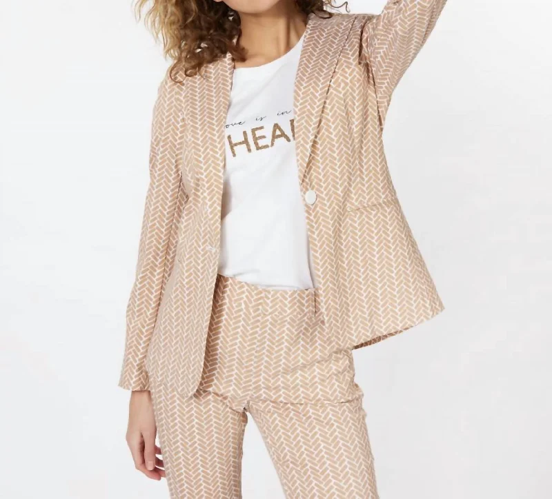 Plus Size Women's Cropped Velvet Blazers in Burgundy for a Night OutBlock Print Blazer In Beige