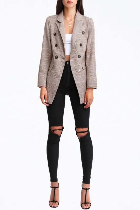 Women's Notched Lapel Blazers in Beige for a Timeless OutfitDouble-Breasted Prince Of Wales Checked Woven Blazer In Brown/pink Women's Notched Lapel Blazers in Beige for a Timeless OutfitDouble-Breasted Prince Of Wales Checked Woven Blazer In Brown/pink