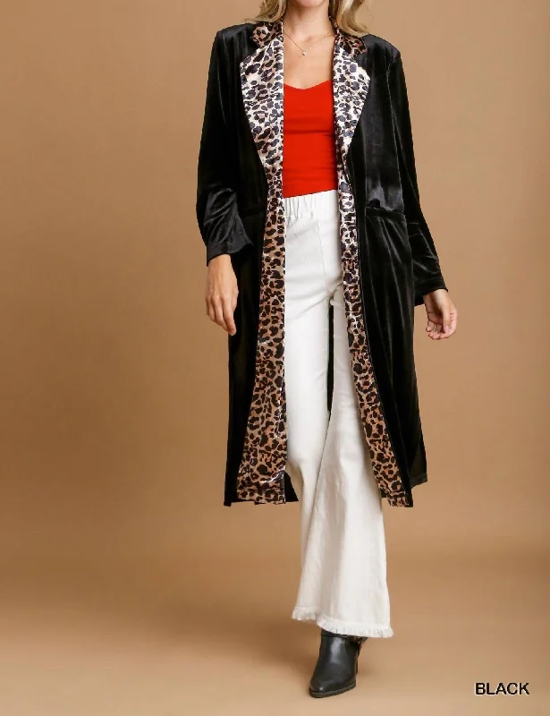 Duster Kimono With Contrast Leopard Detail In Black Velvet