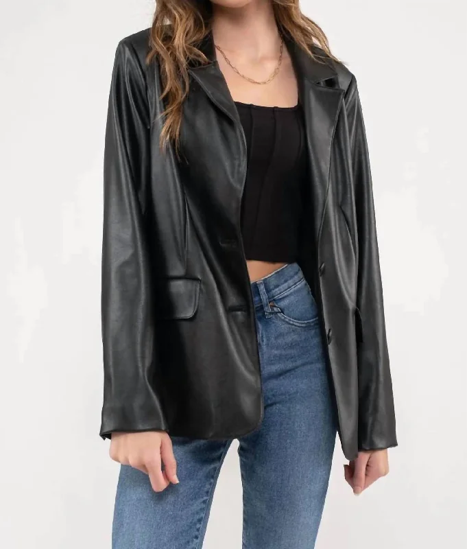 Women's Tailored Stretch Blazers in Navy Blue for Business MeetingsNotch Collar Faux Leather Blazer In Black Women's Tailored Stretch Blazers in Navy Blue for Business MeetingsNotch Collar Faux Leather Blazer In Black