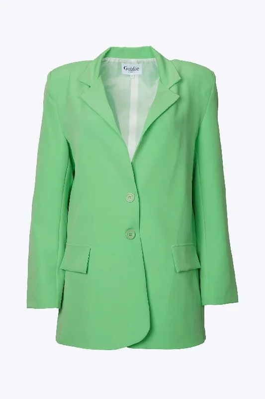 Single - Breasted Women's Tweed Blazers with Gold Buttons for a Classic LookOversized Single-Breasted Twill Crepe Blazer In Lime Green Single - Breasted Women's Tweed Blazers with Gold Buttons for a Classic LookOversized Single-Breasted Twill Crepe Blazer In Lime Green