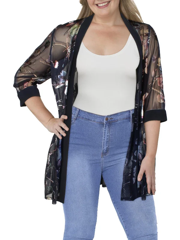 Plus Size Women's Embroidered Blazers in Floral Patterns for a Feminine TouchPlus Womens Mesh Foiled Duster Blazer Plus Size Women's Embroidered Blazers in Floral Patterns for a Feminine TouchPlus Womens Mesh Foiled Duster Blazer