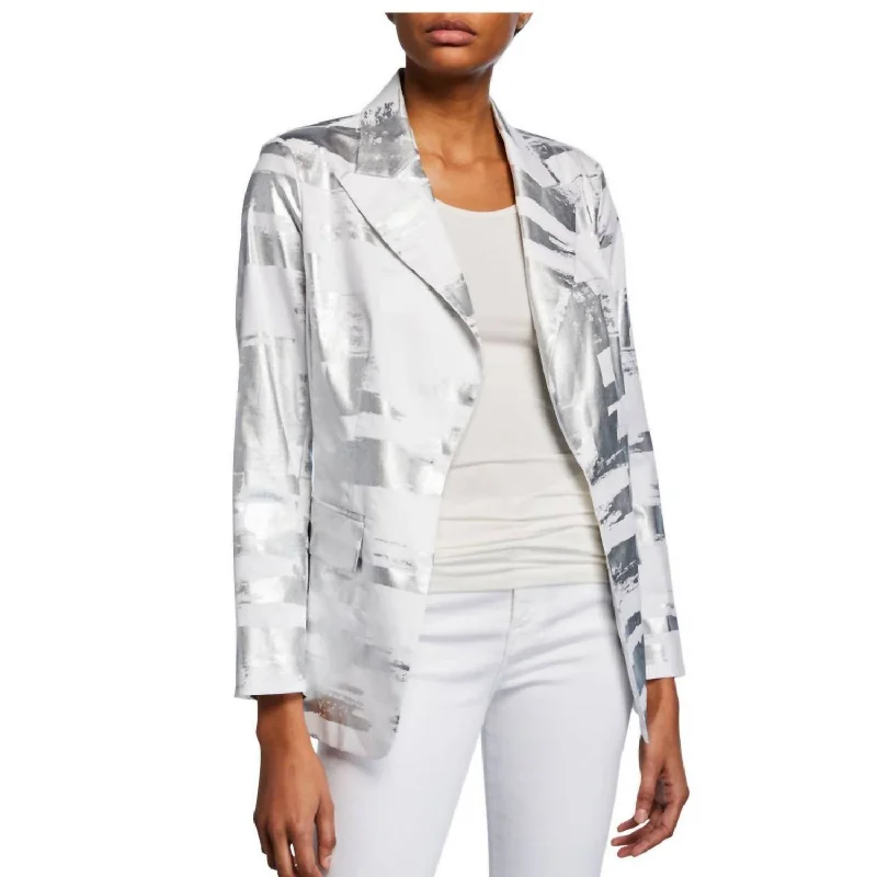 Women's Longline Linen Blazers in Pastel Colors for Summer EventsSilver Foil Jacket In White Silver Women's Longline Linen Blazers in Pastel Colors for Summer EventsSilver Foil Jacket In White Silver