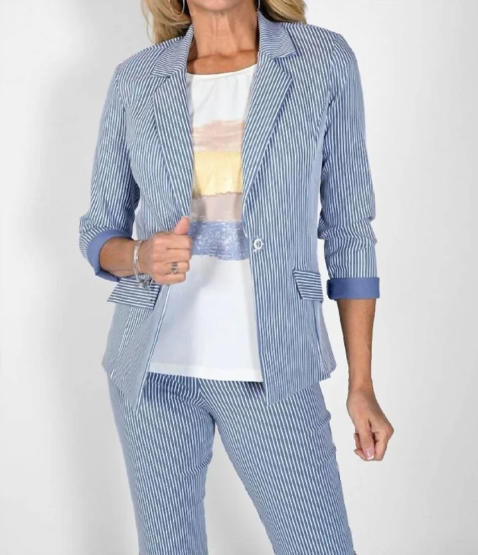 Women's Belted Blazers in Camel Color for a Sophisticated OutfitWoven Blazer In Blue/white