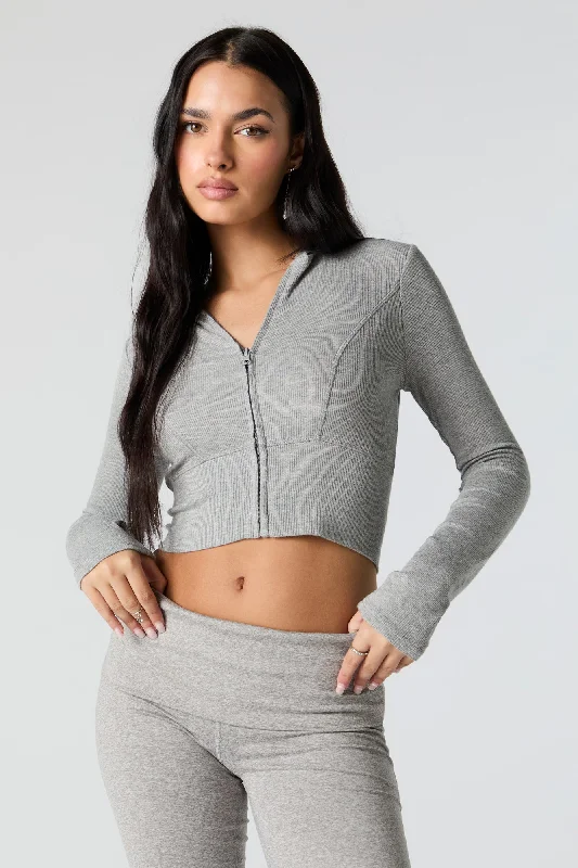v neck women cardigan to elongate the necklineRibbed Zip-Up Cropped Hoodie