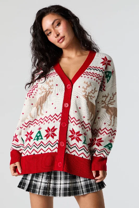 v neck women cardigan to elongate the necklineReindeer Fairisle Jacquard Knit Christmas Cardigan v neck women cardigan to elongate the necklineReindeer Fairisle Jacquard Knit Christmas Cardigan