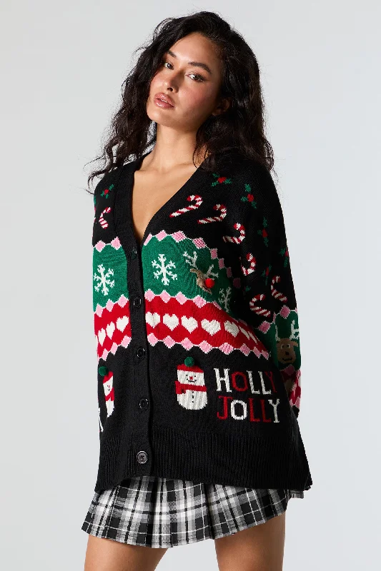 hand knitted women cardigan with artisanal charmHolly Jolly Jacquard Knit Christmas Cardigan