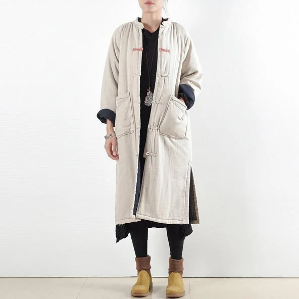 Mid - length women's down coats in a slim fit for a modern and sleek appearance2017 beige white quilted coat casual vintage jacket Casual side open outwear Chinese Button