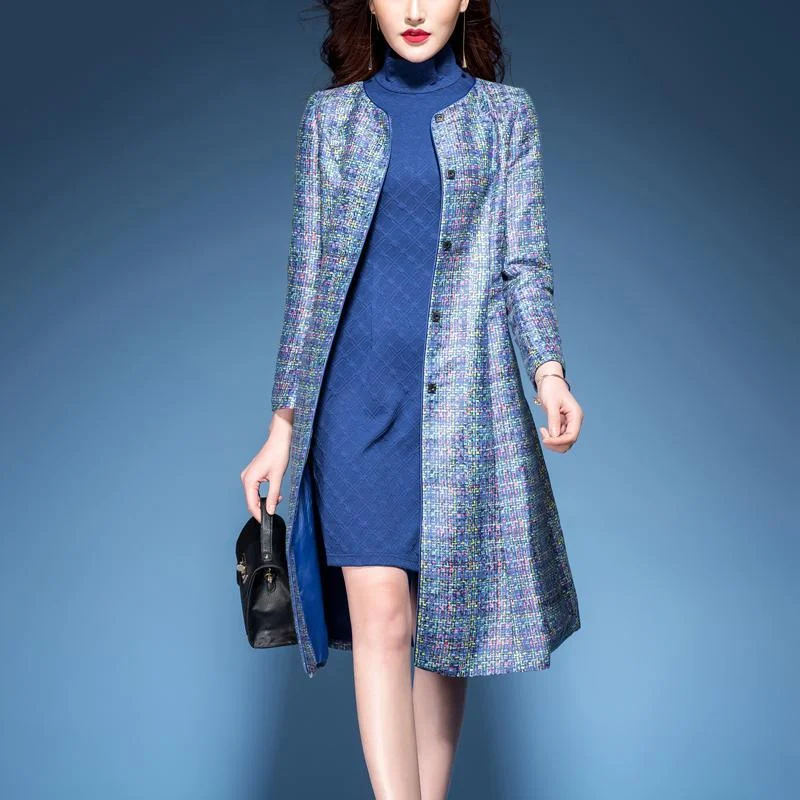 Women's knee - length wool blend coats with a fur collar for added warmth2017 fall blue prints cotton blended tie waist coats  slim fit large hem trench coat