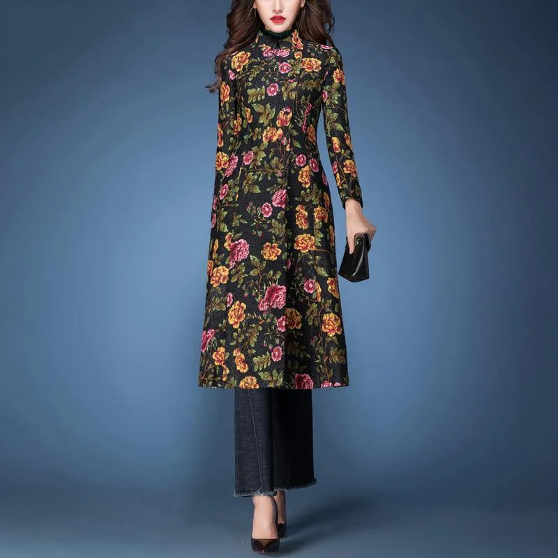 Women's pea coats with brass buttons for a nautical - inspired style2017 vintage slim fit lace print cotton blended trench coats long sleeve stand collar outwear Women's pea coats with brass buttons for a nautical - inspired style2017 vintage slim fit lace print cotton blended trench coats long sleeve stand collar outwear