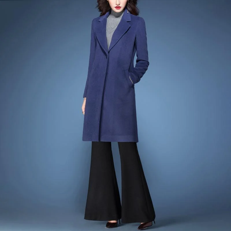 Plus size women's wool blend coats for a warm and stylish winter2017 winter blue warm slim fit woolen coats solid color long sleeve outwear