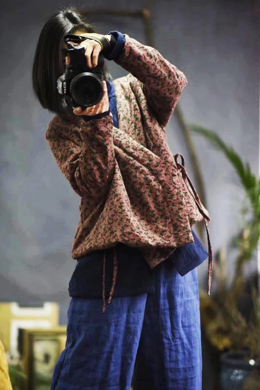 Women's reversible down coats with two - tone designs for versatile styling2020 Spring Fashion Floral Print Cotton Linen Warm Belt Coat Women's reversible down coats with two - tone designs for versatile styling2020 Spring Fashion Floral Print Cotton Linen Warm Belt Coat