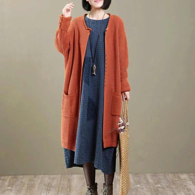 Hooded women's puffer coats in neon colors for high - visibility sports2021 spring orange knit cardigans long oversized sweater coats