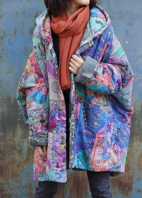 Shearling - lined women's leather coats for ultimate warmth and luxury2024 Purple Prints Overcoat Oversized Warm Winter Coat Hooded Patchwork Overcoat