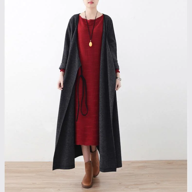 Belted women's cashmere coats in soft pastels for a luxurious feelAesthetic dark gray knit coats oversized v neck knitwear tie waist