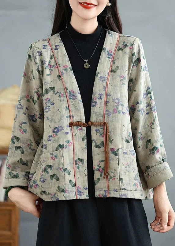 Quilted down women's coats with removable hoods for outdoor activitiesApricot Print Pockets Cotton Fall Coats V Neck
