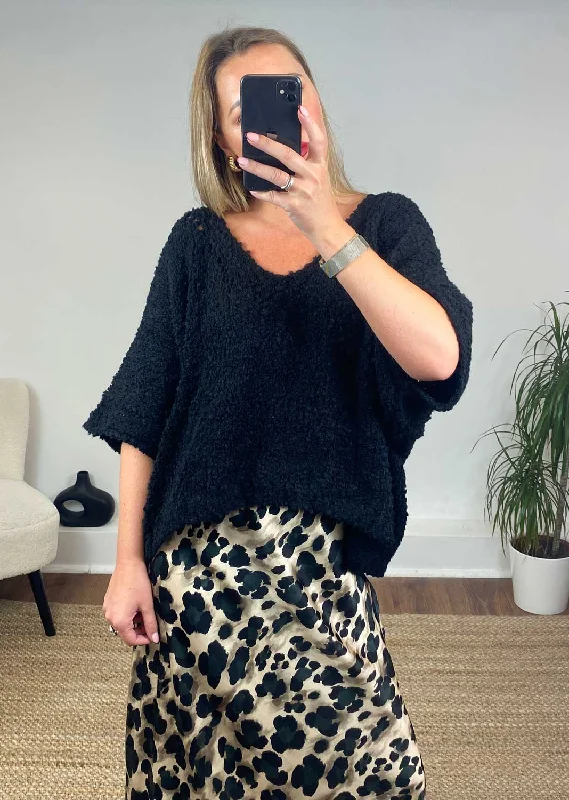 cropped women cardigan to pair with high - waisted jeansAris Fluffy V Neck Jumper in Black cropped women cardigan to pair with high - waisted jeansAris Fluffy V Neck Jumper in Black