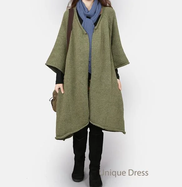 Women's knee - length wool blend coats with a fur collar for added warmthArm green knit sweaters women coat sweater long cardigans