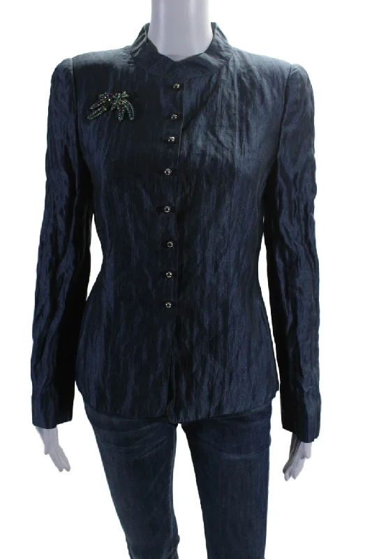 Mid - length women's down coats in a slim fit for a modern and sleek appearanceArmani Collezioni Women's Round Neck Long Sleeves Basic Jacket Blue Mid - length women's down coats in a slim fit for a modern and sleek appearanceArmani Collezioni Women's Round Neck Long Sleeves Basic Jacket Blue