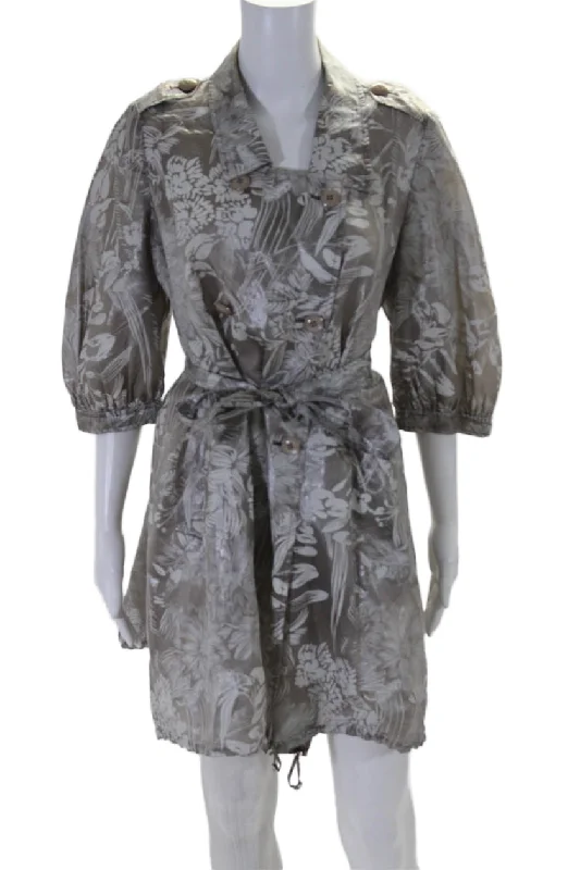 Embroidered women's cotton coats in a bohemian pattern for a unique designArmani Collezioni Womens Silk Blend Floral Print Belted Coat Gray White Embroidered women's cotton coats in a bohemian pattern for a unique designArmani Collezioni Womens Silk Blend Floral Print Belted Coat Gray White