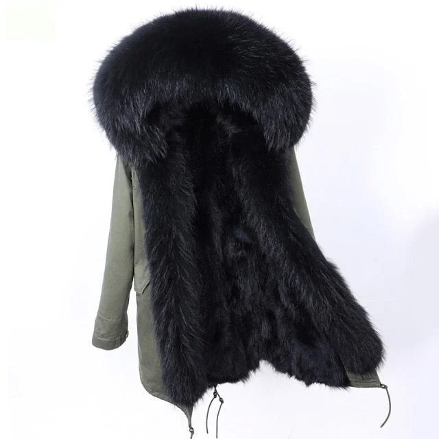 Belted women's cashmere coats in soft pastels for a luxurious feelArmy Green Natural Raccoon Fur Collar and Hood Winter Jacket for Women