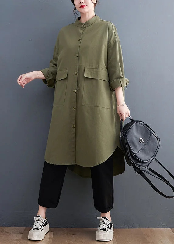 Water - resistant women's trench coats with adjustable cuffs for rainy daysArmy Green Pockets Cotton Shirts Coats Stand Collar Fall