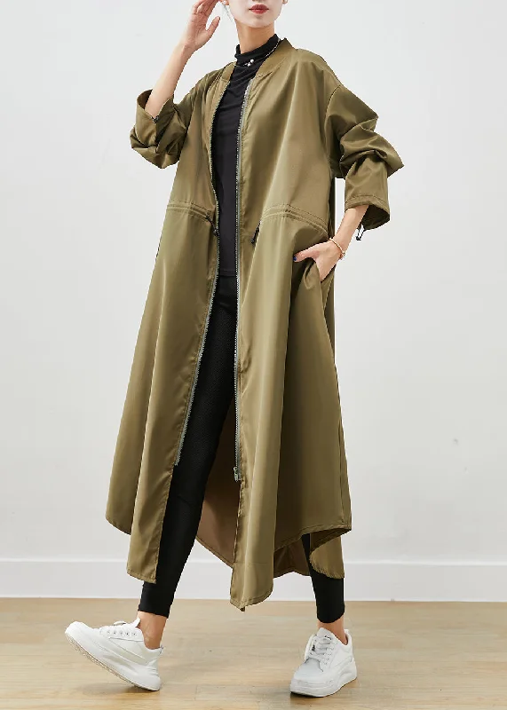 Long women's mac coats in a lightweight fabric for spring showersArmy Green Spandex Trench Coats Zip Up Drawstring Fall