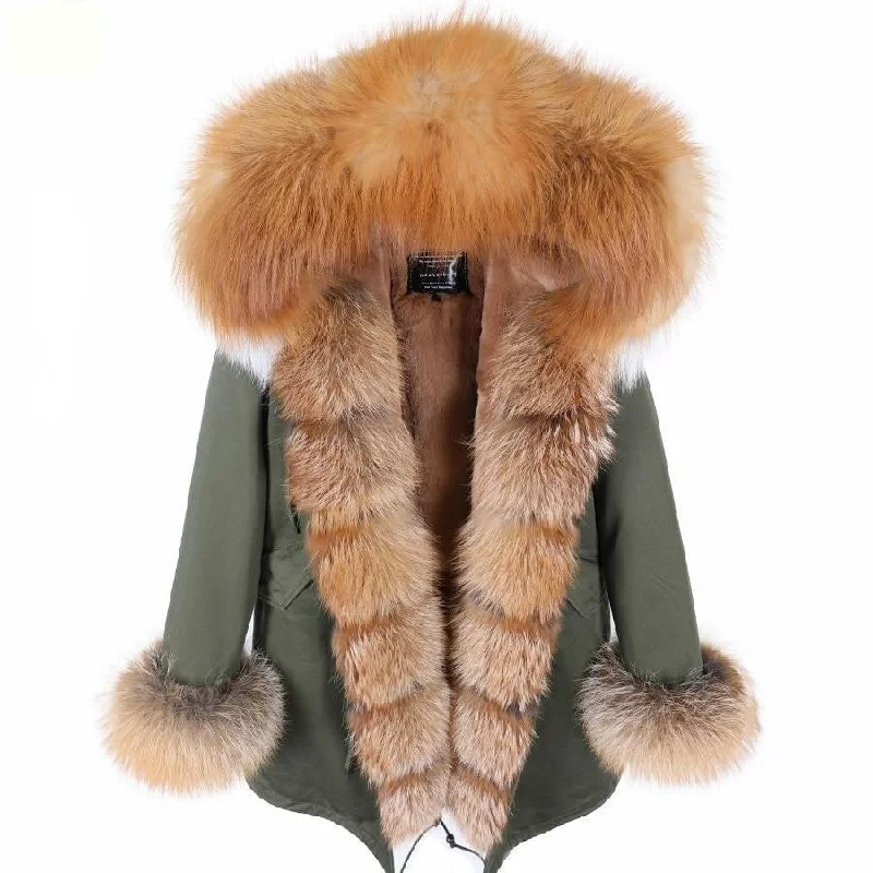 Women's longline double - breasted camel coats for a sophisticated lookArmy Green Women's Fox Fur Leather Hooded Long Detachable Coats & Jackets