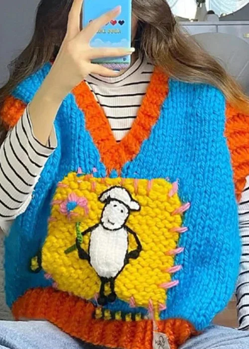 Women's reversible down coats with two - tone designs for versatile stylingArt Blue V Neck Patchwork Cotton Knit Waistcoat Fall