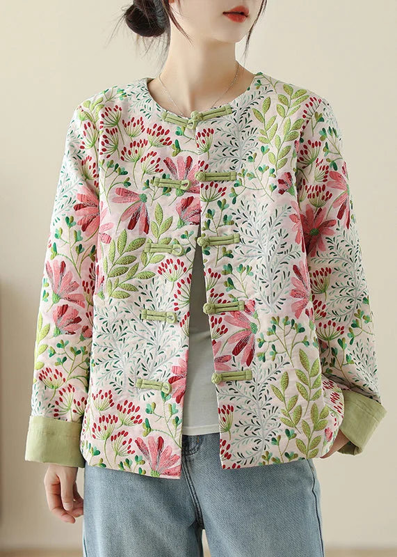 Mid - length women's down coats in a slim fit for a modern and sleek appearanceArt Green Embroidered Button Cotton Coats Fall