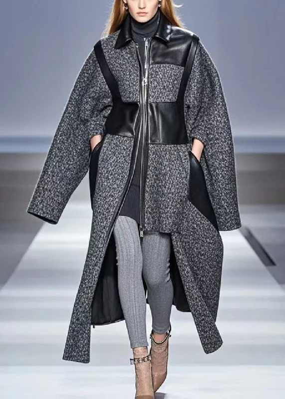Belted women's cashmere coats in soft pastels for a luxurious feelArt Grey Asymmetrical Patchwork Woolen Coats Fall
