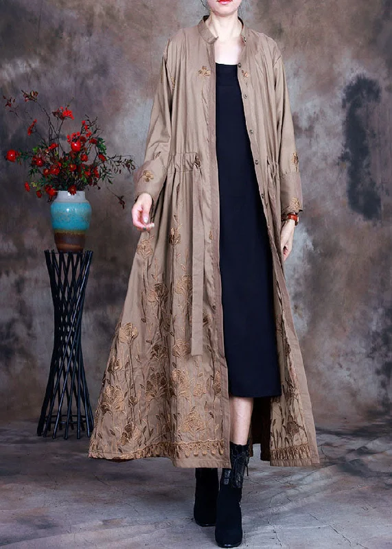 Women's reversible down coats with two - tone designs for versatile stylingArt Khaki Embroidered drawstring Spring trench coats Women's reversible down coats with two - tone designs for versatile stylingArt Khaki Embroidered drawstring Spring trench coats