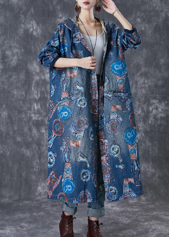 Mid - length women's down coats in a slim fit for a modern and sleek appearanceArt Navy Hooded Oversized Print Cotton Trench Coats Fall Mid - length women's down coats in a slim fit for a modern and sleek appearanceArt Navy Hooded Oversized Print Cotton Trench Coats Fall