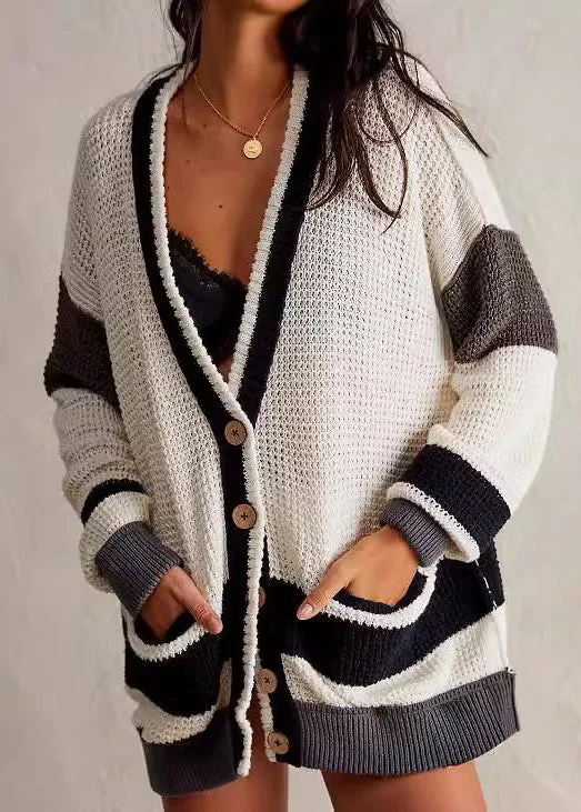 Women's waterproof parka coats with multiple pockets for practicalityArt White V Neck Striped Button Knit Loose Coat Fall