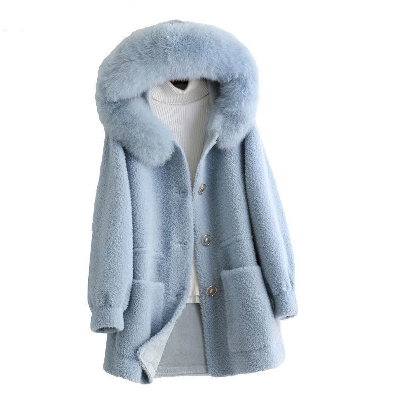 Mid - length women's down coats in a slim fit for a modern and sleek appearanceAutumn and Winter 100% Real Sheep Shearling Coat with Fox Fur Collar Mid - length women's down coats in a slim fit for a modern and sleek appearanceAutumn and Winter 100% Real Sheep Shearling Coat with Fox Fur Collar