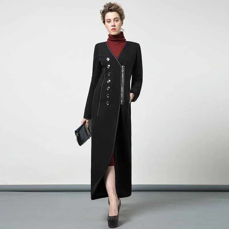 Plus size women's wool blend coats for a warm and stylish winterautumn new black cotton blended patchwork long coat v neck back open slim fit trench coats Plus size women's wool blend coats for a warm and stylish winterautumn new black cotton blended patchwork long coat v neck back open slim fit trench coats