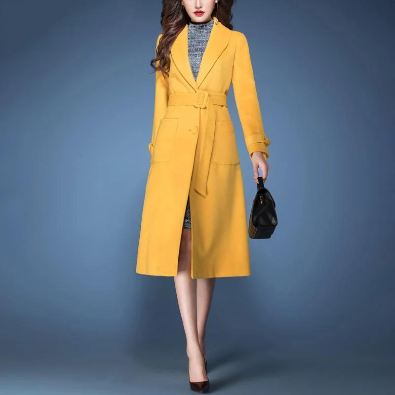 Hooded women's puffer coats in neon colors for high - visibility sportsautumn winter new yellow tie waist corduroy blended coats slim fit fashion a line trench coat Hooded women's puffer coats in neon colors for high - visibility sportsautumn winter new yellow tie waist corduroy blended coats slim fit fashion a line trench coat