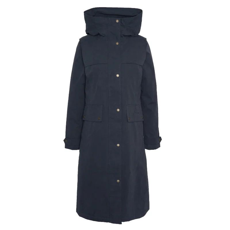 Long women's mac coats in a lightweight fabric for spring showersBarbour Redway Waterproof Ladies Jacket - Dark Navy/Classic Long women's mac coats in a lightweight fabric for spring showersBarbour Redway Waterproof Ladies Jacket - Dark Navy/Classic