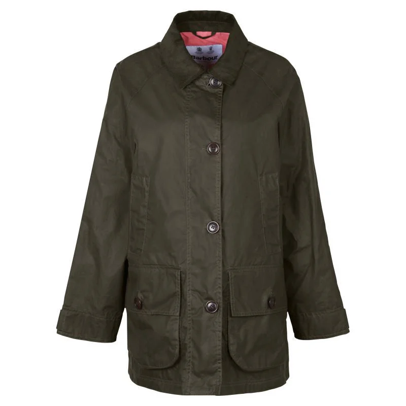 Petite women's wool blend coats with a tailored fit for a flattering silhouetteBarbour Salt Ladies Wax Jacket - Archive Olive/Pink Punch